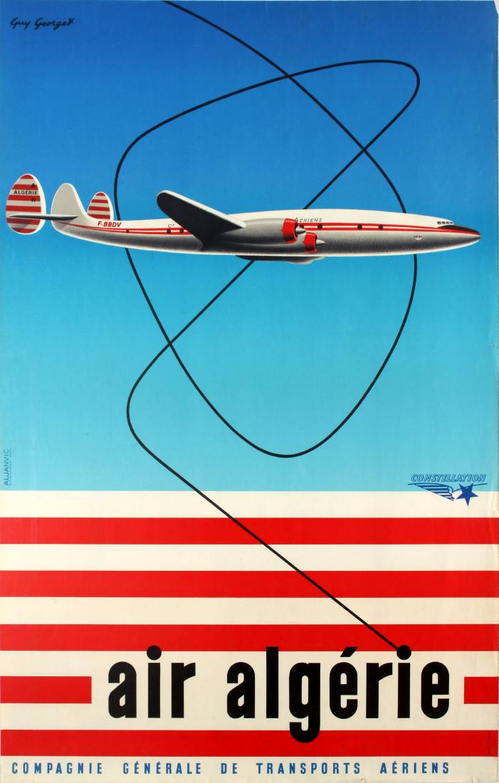 Advertising Poster Air Algeria Lockheed Constellation: Air Algeria Lockheed Constellation Mid Century Georget Original vintage travel advertising poster published by the General Air Transport Company of Algeria - Air Algerie Compagnie Generale de Transpor