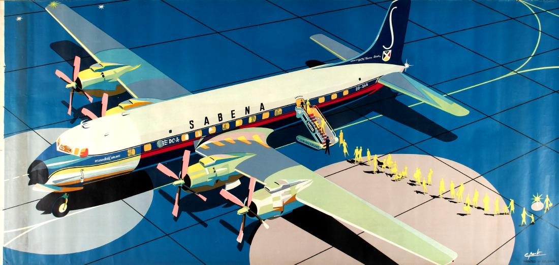 Advertising Poster Sabena Douglas DC7c Midcentury: Original vintage travel advertising poster for Sabena to promote the new Douglas DC7c Seven Seas plane model used on their services featuring a stylised mid-century modern design of the aircraft on a 