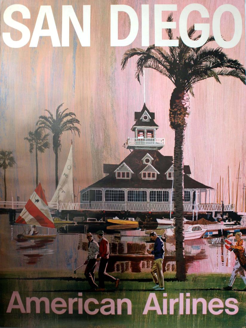 Travel Poster San Diego American Airlines Golf Sailing: San Diego California Original vintage travel poster for San Diego, California, by American Airlines featuring golfers walking across a golfing green by palm trees and a yacht club full of boats. Good 
