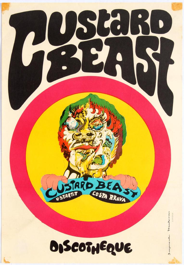 Advertising Poster DJ Custard Beast Spain Costa Brava: Custard Beast poster Original vintage poster promoting DJ Custard Beast. The Beach at Estartit on the Costa Brava, Spain had a night club at a hotel with Custard Beat as a regular performer. Estartit 