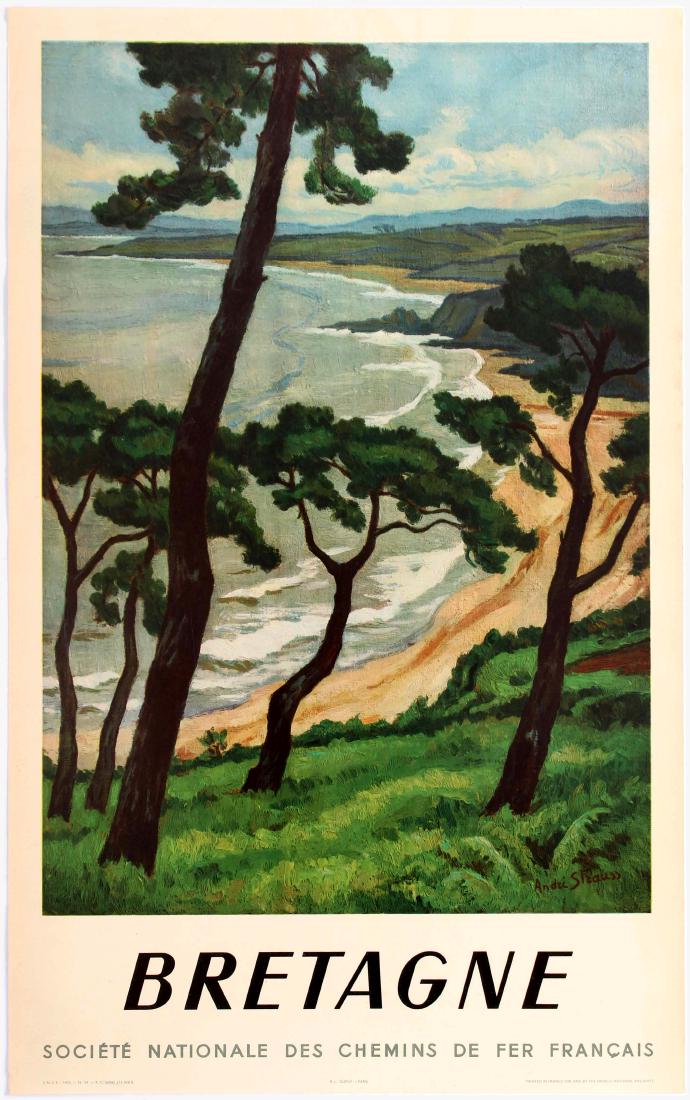 Travel Poster Britanny SCNF French Railway: Original vintage travel advertising poster Britanny (Bretagne) SNCF. Printed by Fench National Railway Company. Very good condition, unnoticeable tears on margins. Country: UK. Year: 1950. Designer: A