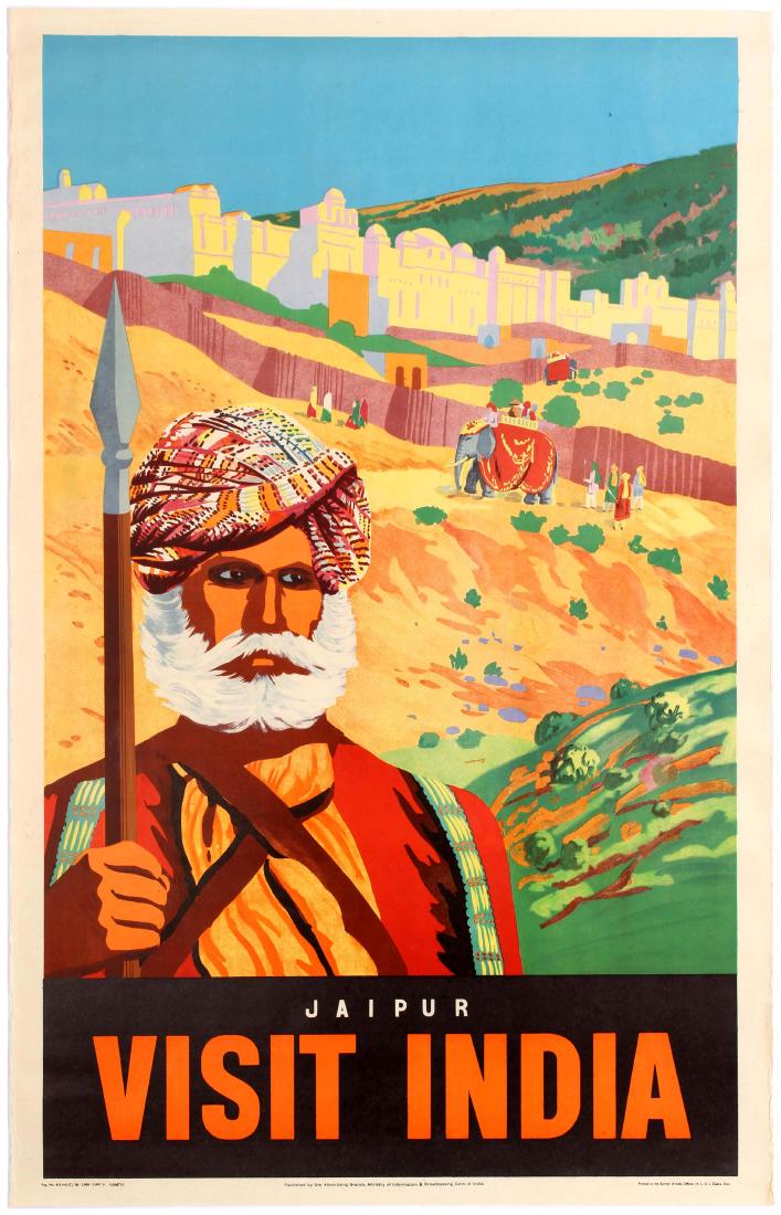 Travel Poster Jaipur Visit India: Original vintage travel poster: Jaipur - Visit India. Jaipur is the capital and the largest city of the Indian state of Rajasthan in Western India. It was founded on 18 November 1727 by Jai Singh II, 