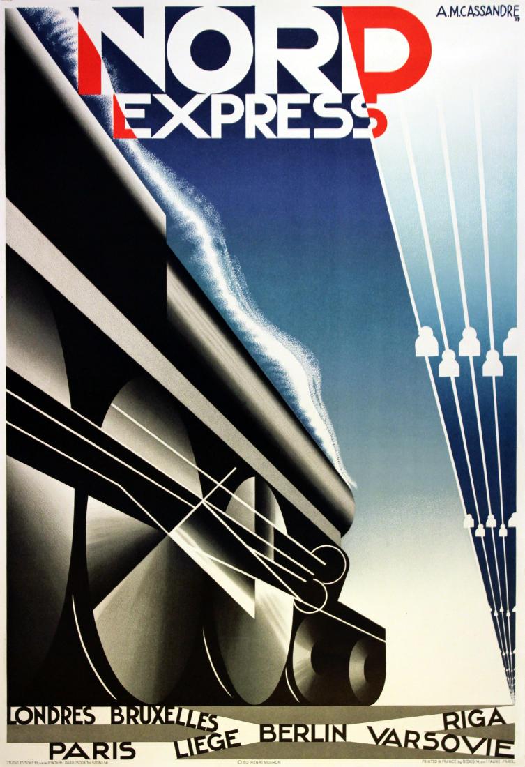 Travel Poster Nord Express Cassandre Art Deco Steam: Poster for Nord Express Railway. Dynamic Art Deco design by the notable poster artist A.M. Cassandre (1901-1968), featuring a steam train locomotive advancing past the viewer. Nord Express, Londres, B