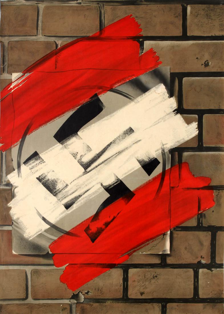 War Poster Victory over Nazism WWII Denmark: Original vintage World War Two anti-Nazi poster showing a Nazi swastika poster on a brick wall covered with strips of red and white paint to symbolise the Danish flag and victory over Nazism. Good con