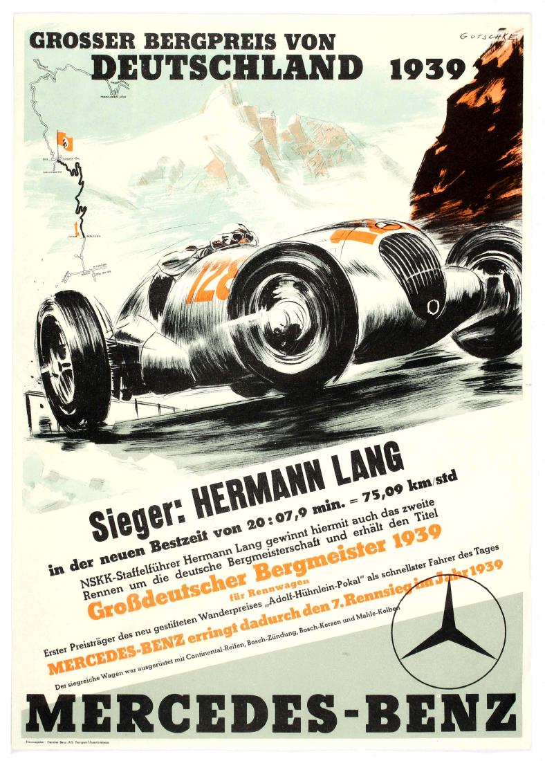 Car Racing Poster Grand Prix 1939 Mercedes Benz Nazi: Grosser Bergpreis Von Deutschland 1939 - Mercedes Benz motor racing poster. Original vintage motorsport poster promoting Mercedes-Benz at the German mountain race, 'Grosser Bergpreis Von Deutschland 1
