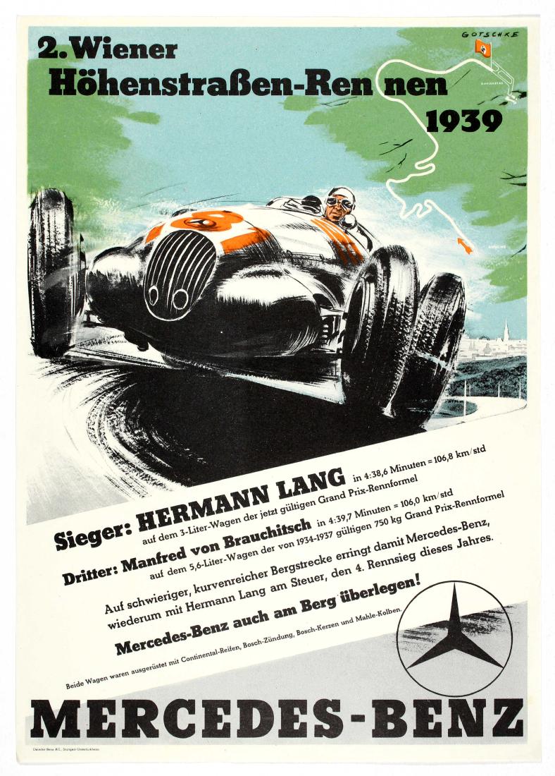 Car Racing Poster Vienna Street Race 1939 Mercedes Benz: 2. Wiener HÃ¶henstraÃŸen-Rennen 1939 - Mercedes Benz motor racing poster. Original vintage motorsport poster promoting Mercedes-Benz at the '2. Wiener HÃ¶henstraÃŸen-Rennen 1939', the 2nd Vien