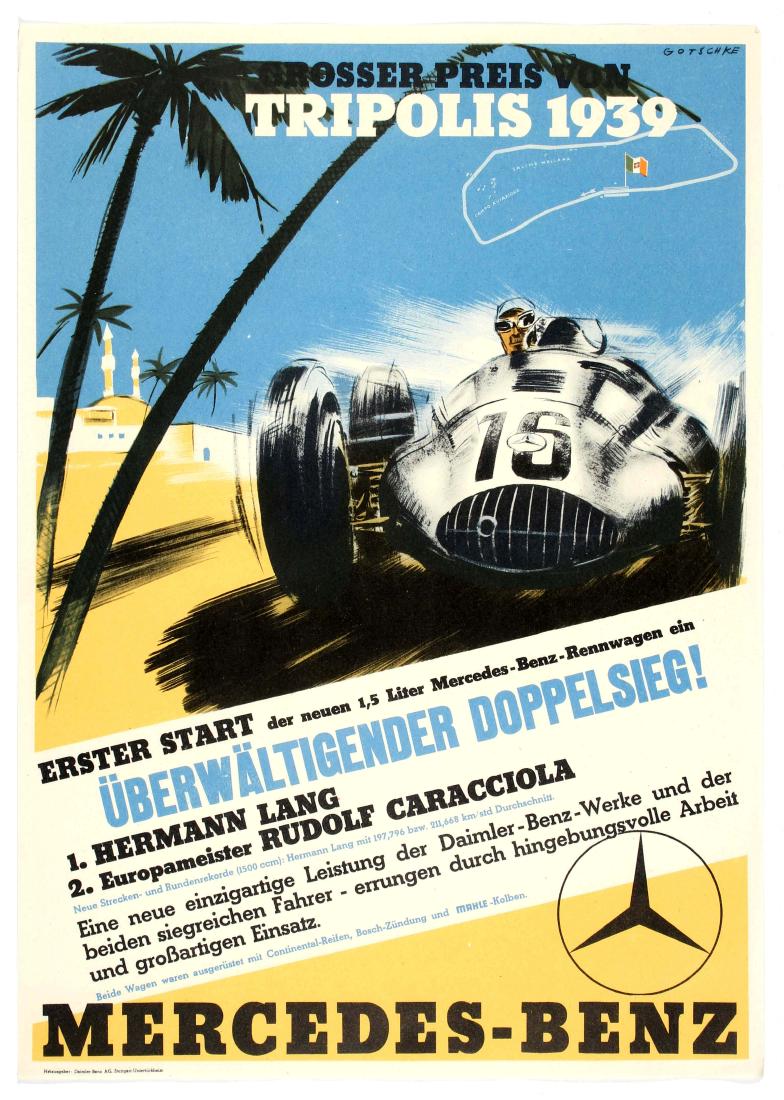 Car Racing Poster Tripolis Grand Prix 1939 Mercedes: Grosser Preis Von Tripolis 1939 - Mercedes Benz motor racing poster. Original vintage motorsport poster promoting Mercedes-Benz at the Libyan motor race, 'Grosser Preis Von Tripolis 1939', featuring G