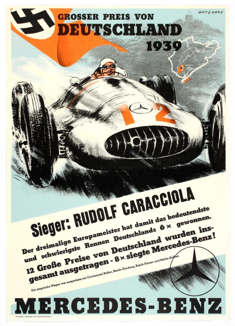 Car Racing Poster Grand Prix Germany 1939 Mercedes Benz: Grosser Preis von Deutschland 1939 - Mercedes Benz motor racing poster. Original vintage motorsport poster promoting Mercedes-Benz at the Grosser Preis von Deutschland 1939, featuring German race driv