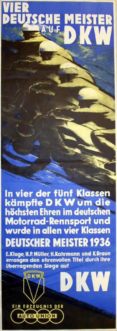 Motorcycle Racing Poster DKW 1936 Germany Auto Union: Original vintage advertising poster promoting a DKW Auto Union brand of motorcycles- Deutsche Meister auf DKW, 1936. The poster hails their victory in four different classes of the 1936 German Champio