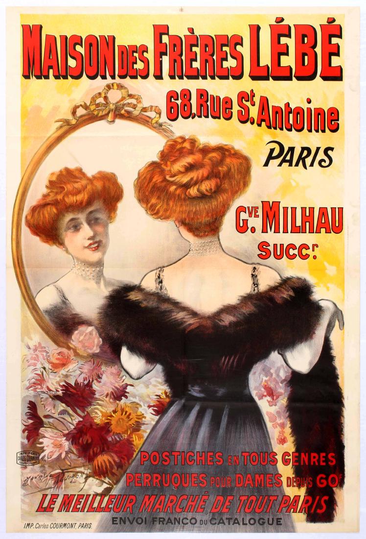 Original Advertising Poster Wigs Hairpieces Belle: Original vintage advertising poster promoting Maison des FrÃ¨res LÃ©bÃ© a French company selling hairpeices and wigs. Belle Epoque style illustration shows a glamourous woman looking at the new 