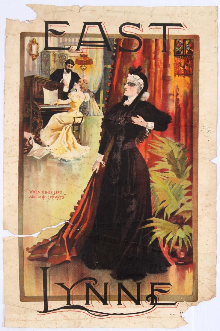 Original Advertising Poster East Lynne Theatre Stage: Original vintage advertising poster for a play or stage production of East Lynn, written by Ellen Wood. Illustration shows a woman hiding behind a curtain while a man and woman chat by a piano. East L