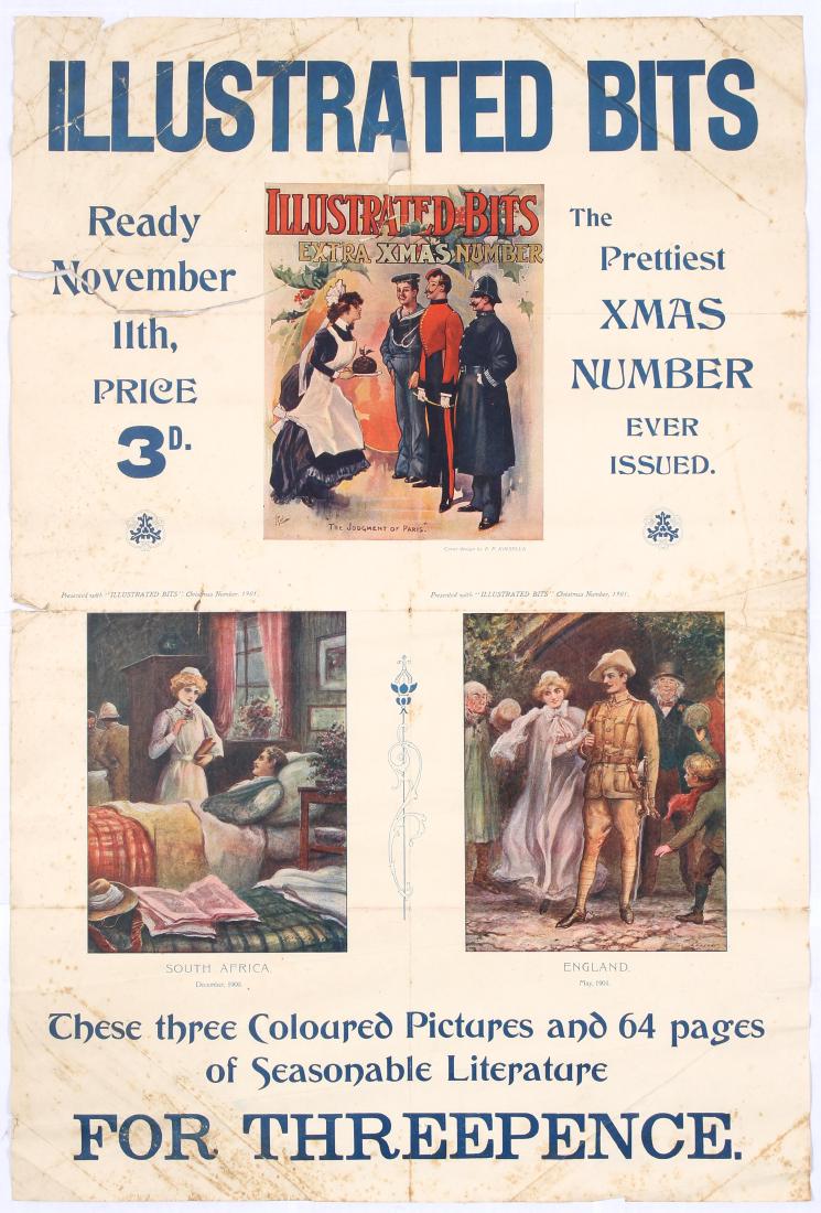 Original Vintage Advertising Poster Illustrated Bits: Original vintage Victorian period advertising poster for an Xmas edition of Illustrated bits, on November 11th. Description reads; 'The prettiest xmas number ever issued, these three coloured pictures