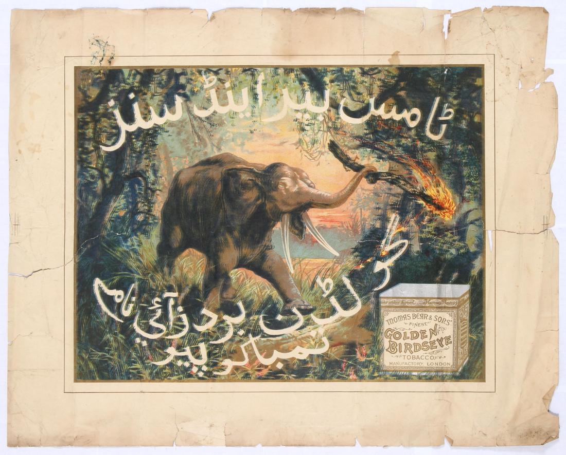 Original Vintage Advertising Poster Birdseye Tobacco: Original vintage advertising poster Thomas Bear and Sons Golden Birdseye Tobacco with a text in Arabic. Illustration shows a an elephant in the jungle, with a tobacco tin featuring in the corner. Fair