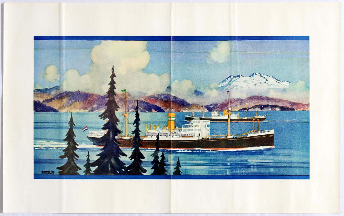 Original Travel Poster Kenneth Shoesmith Steamships: Original vintage poster of a painting by Kenneth Shoesmith, featuring two steam ships sailing at sea, with trees in the foreground and mountains in the background. Good condition, fold mark vertically