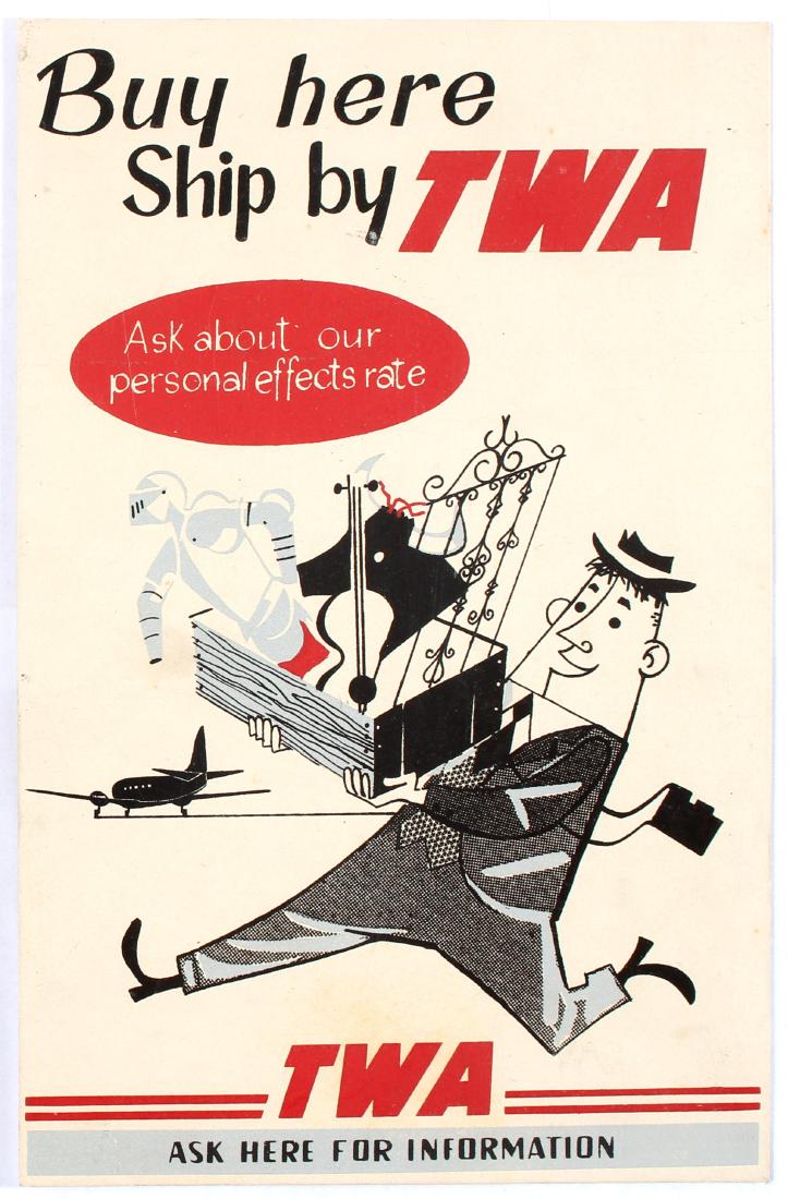Original Vintage Advertising Poster TWA Cargo: Original vintage Midcentury Modern table place card used by TWA (Trans World Airlines). Illustration depicts a man in a suit carrying a box of items including a suit of armour, a violin and a gate. Te