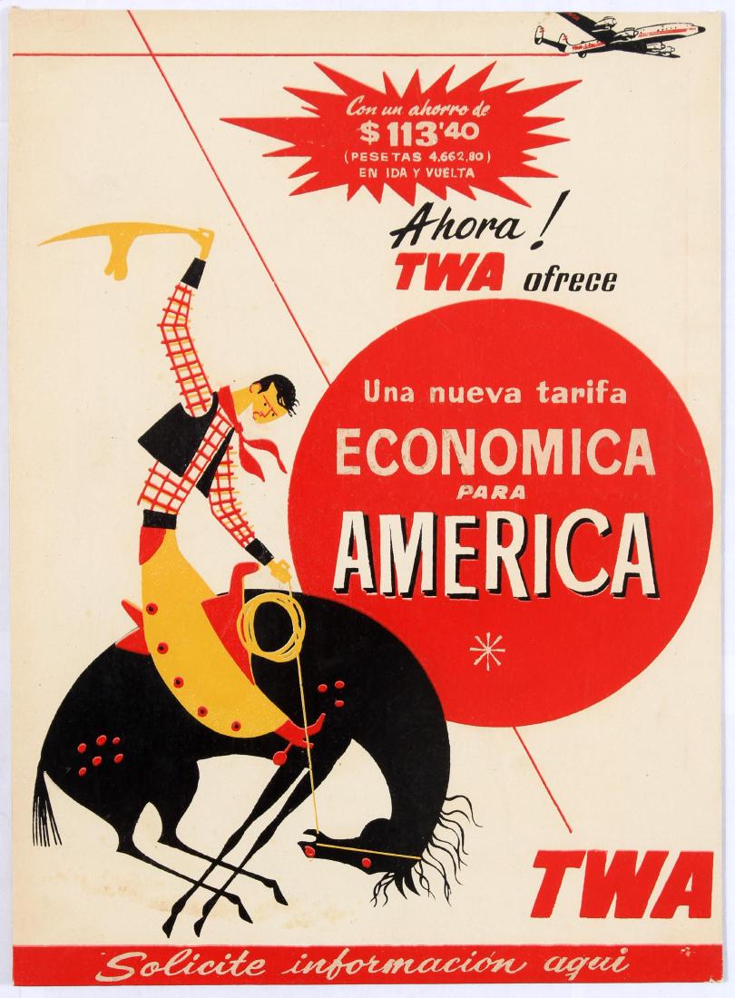 Original Vintage Advertising Poster TWA USA: Original vintage table place card used by TWA (Trans World Airlines). Midcentury modern illustration depicts a cowboy bucking on a horse and a TWA Lockheed Constellation plane above him. Text reads: A