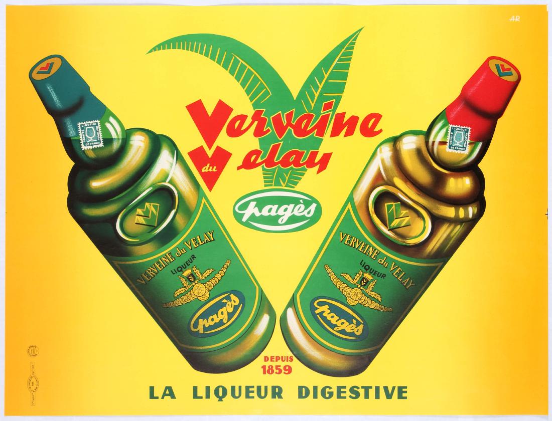 Original Vintage Advertising Poster Verveine du Velay: Original vintage advertising poster for alcohol drink Verveine du Velay, a trademark owned by French drinks company 'Pages Vedrenne'. Illustration features two varieties of 'La Liqueur Digestive) on a
