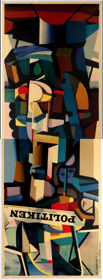 Original Advertising Poster Politiken Advertising: Original vintage poster promoting Politiken, a leading Danish daily broadsheet newspaper, published by JP/Politikens Hus in Copenhagen, Denmark. Cubist Collage by IB Andersen. Title reads 'Politiken K