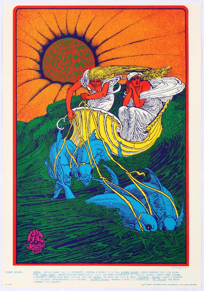 Original Advertising Concert Poster Canned Heat Family: Original vintage music poster promoting concerts for Canned Heat. Illustration shows psychedelic image of two women being pulled in a boat by fish on reins. Concerts took place on December 8-9. Excell