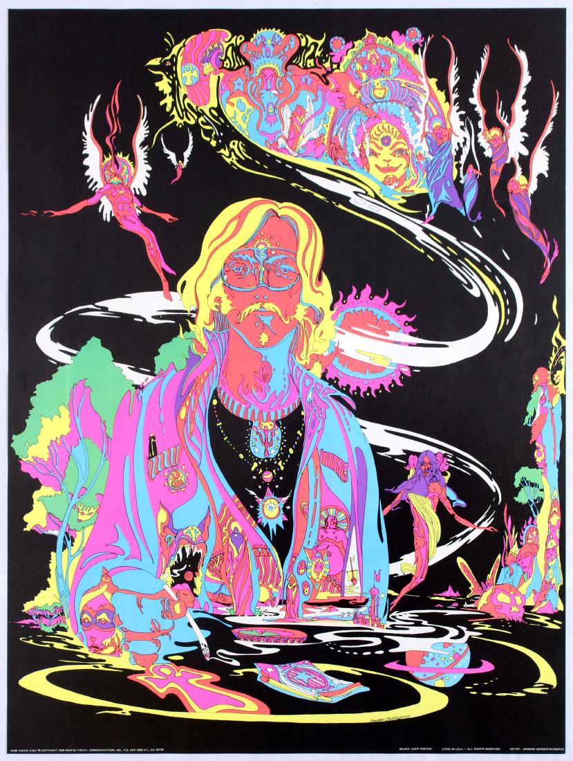 Original Advertising Poster Howard Bernstein Riding: Original vintage cosmic black light poster from 1969 by Howard Bernstein. Illustration depicts a multi coloured psychedelic picture of a man surrounded by fairies and other trippy visuals. Excellent c