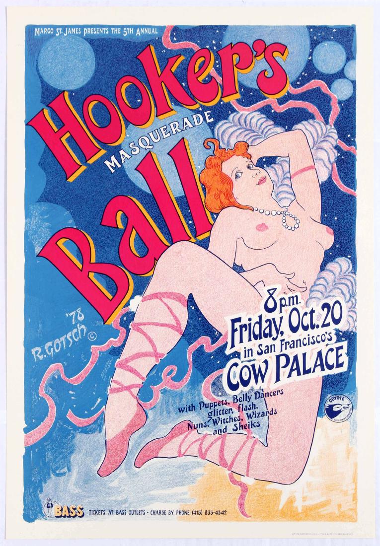 Hooker's Masquerade Ball Advertising poster: Original vintage advertising poster promoting Hooker's Masquerade Ball. Event took place on October 20 in San Franciscos Cow Palace and included puppets, belly dancers, glitter, flash, nuns, witches, 