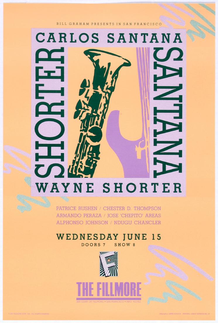 Original Advertising Concert Poster Carlos Santana: Original vintage music poster promoting concerts presented by Bill Graham for Carlos Santana and Wayne Shorter. Concert taking place June 15 at the Fillmore. Illustration shows an image of pastel colo