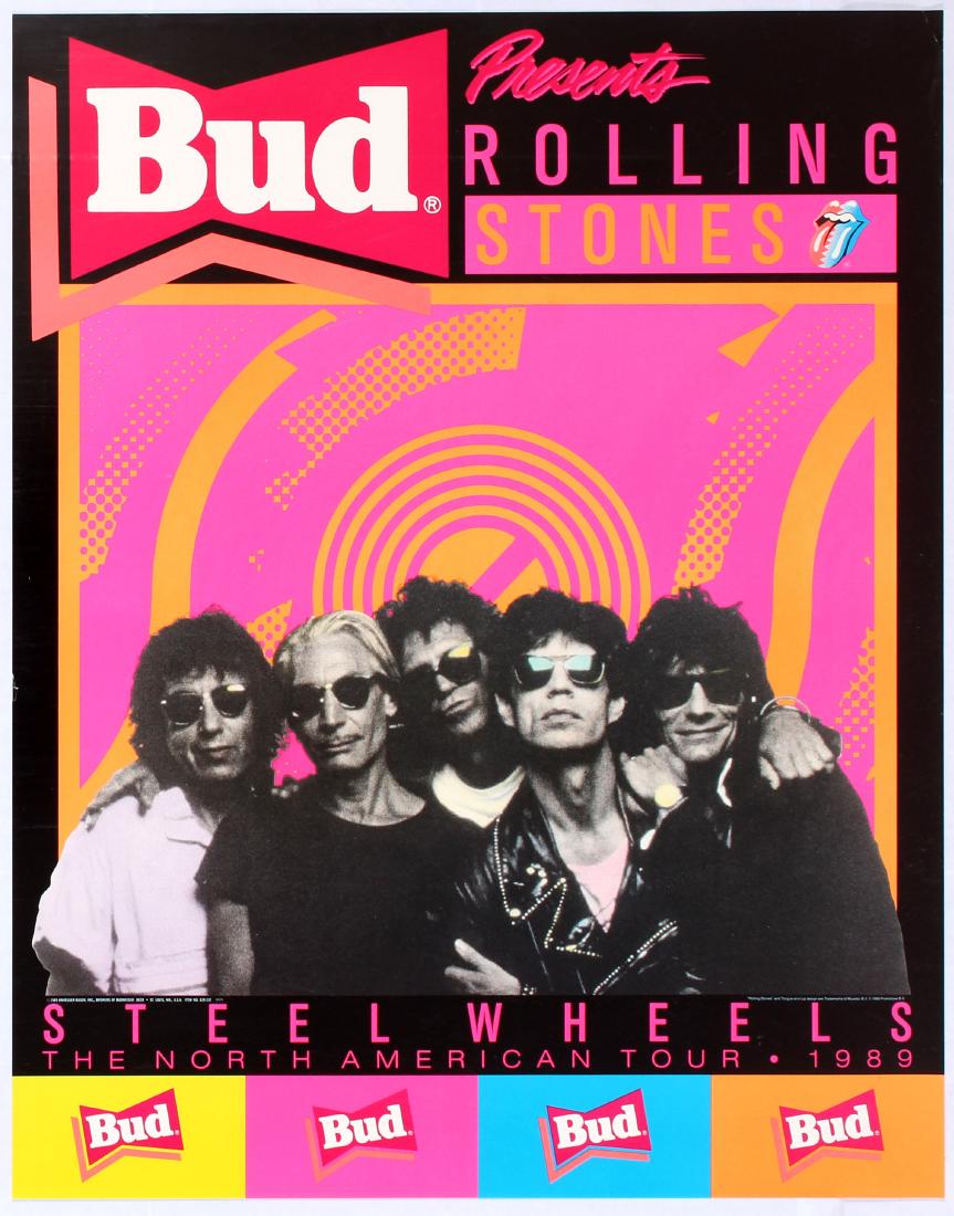 Original Advertising Concert Poster Rolling Stones: Original vintage advertising poster sponsered by Budweiser, promoting the 1989 Rollings Stones tour for Steel Wheel. Design features a black and white photo of the band on a bright multicoloured backg