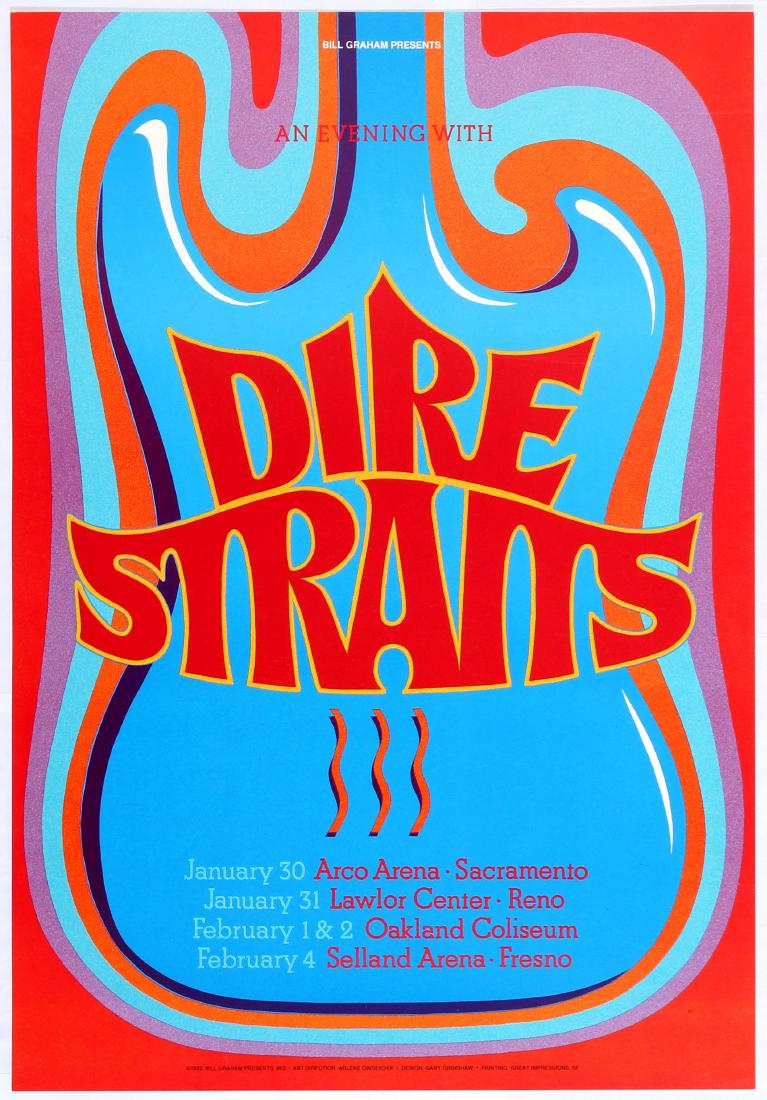 Original Advertising Concert Poster Bill Graham Dire: Original vintage music poster promoting concerts presented by Bill Graham for Dire Straits. Concert taking place January 30 at Arco Arena, January 31 at Lawlor Centre, February1&2 at Oakland Coliseum 