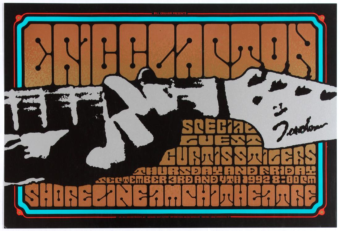 Original Advertising Concert Poster Eric Clapton Bill: Original vintage music poster promoting concerts presented by Bill Graham for Eric Clapton. Concert takes place September 3 and 4 1992 at shoreline amphitheatre. Illustration depicts a hand holding th
