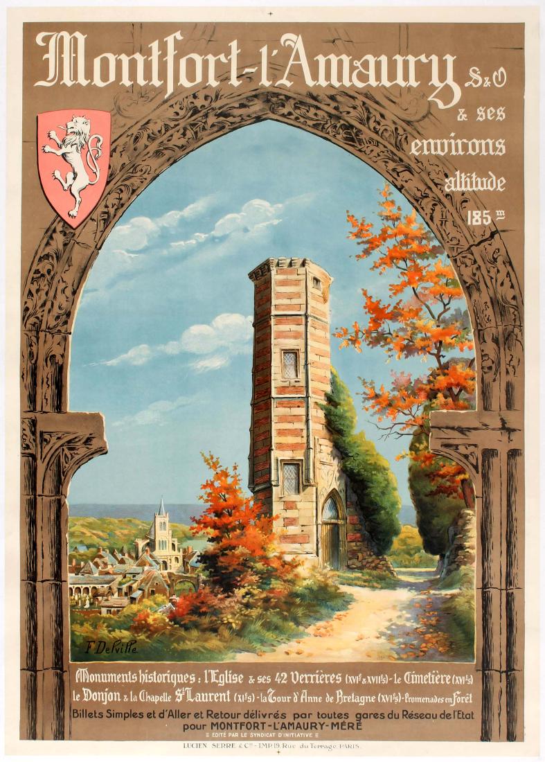 Original Travel Poster Montfort l'Amaury France: Original vintage travel poster for Montfort l'Amaury. Montfort-l'Amaury is a commune in the Yvelines department in the ÃŽle-de-France region in north-central France. It is located in the south-weste