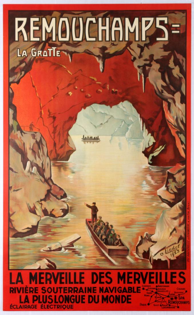 Original Travel Poster Remouchamps Belgium: Original vintage advertising poster dating from 1923 promoting the famous caves of Remouchamps In Belgium. The picture shows boats navigating through the underground caves in a bold orange colour sche