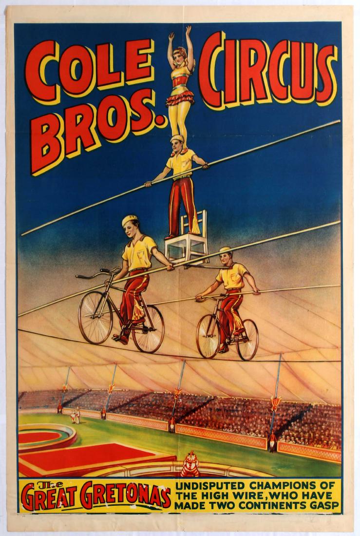 Original Advertising Poster Cole Bros Circus Gretonas: Original vintage advertising poster promoting Cole Bros Circus - The Great Gretonas. This high wire act was a Cole Bros feature from 1936-39. The Great Gretonas were made up of Otto Gretona and wife M