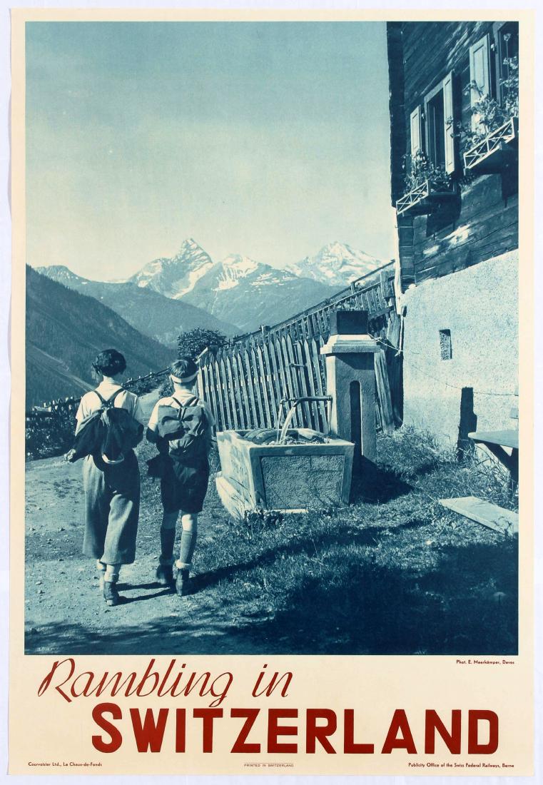 Original Travel Poster Rambling in Switzerland Davos: Original vintage travel poster advertising rambling in Switzerland. Blue monochrome photograph by E. Meerkamper depicts two people with backpacks walking past a chalet in Davos with a mountain range i