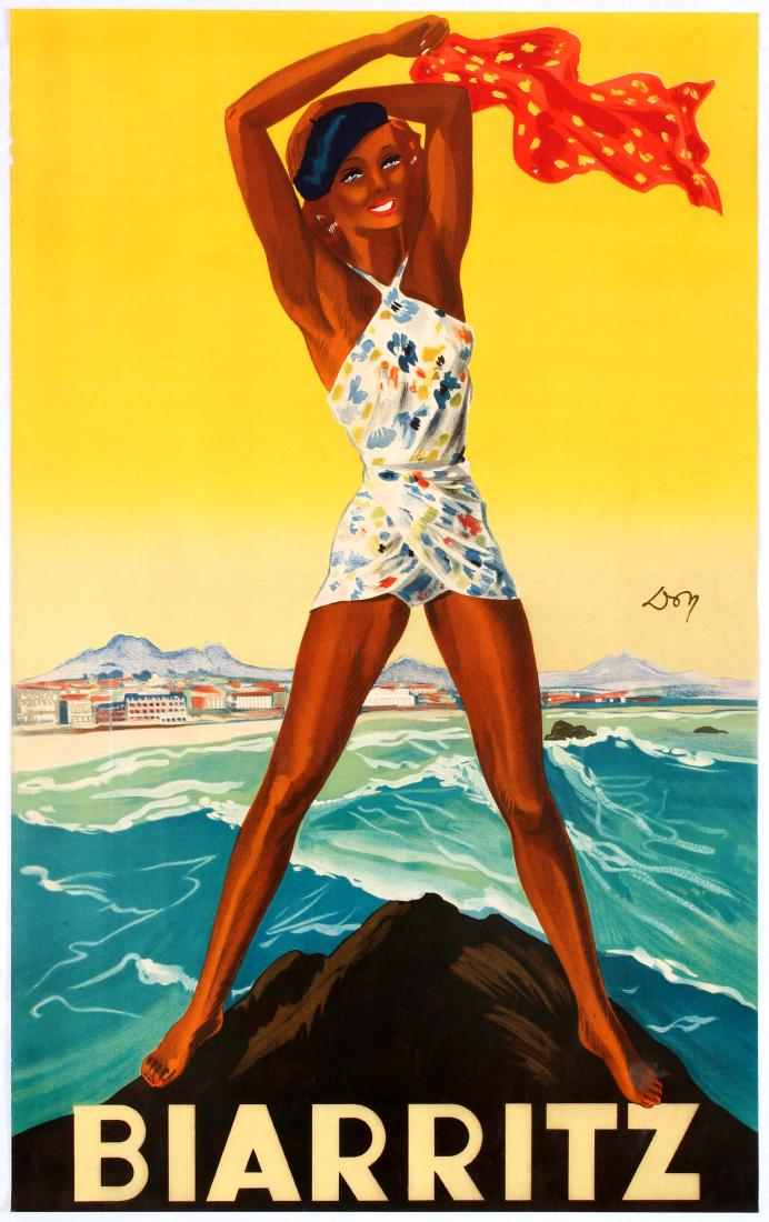Original Travel Poster Biarritz France Basque Coast: Original vintage travel advertising poster for Biarritz, an elegant seaside town on southwestern Franceâ€™s Basque coast, has been a popular resort since European royalty began visiting in the 18