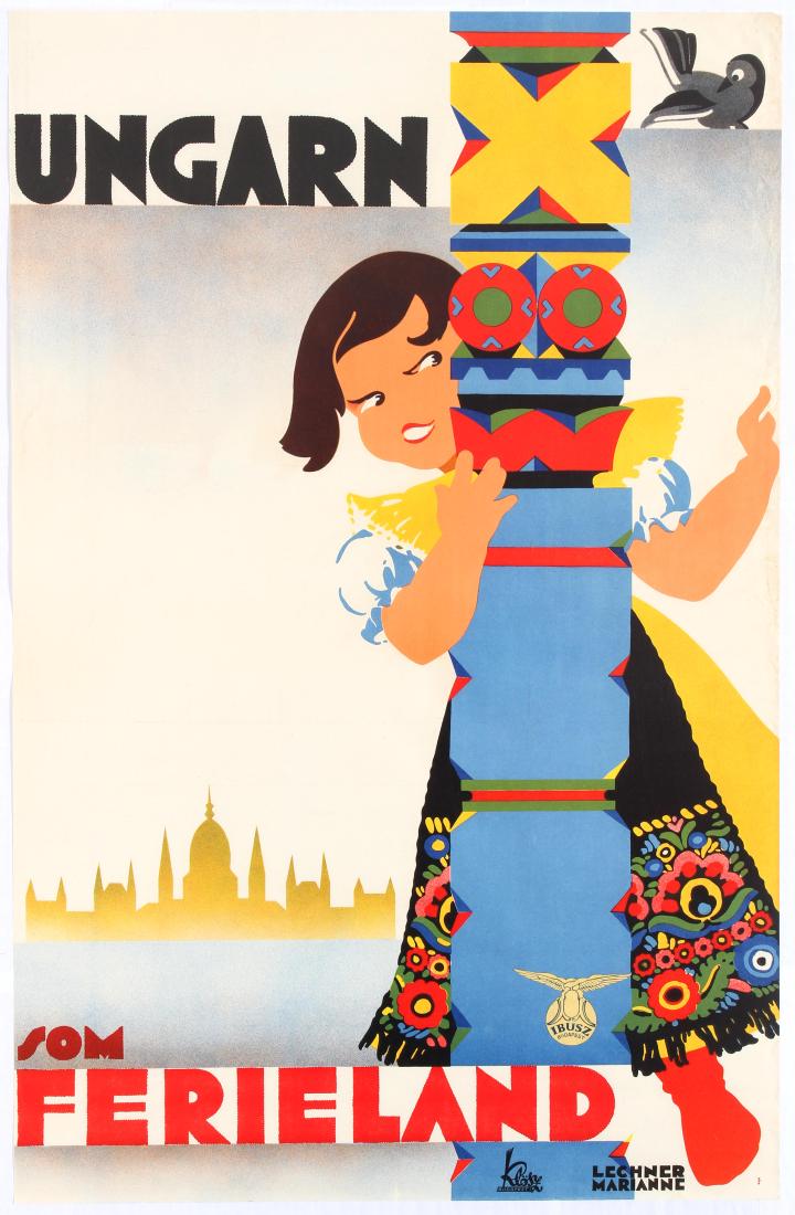 Original Travel Poster Hungary Ungarn Ibusz: Hungary Ibusz Original vintage travel poster for Hungary - Ungarn som Ferieland (holiday in Hungary). Fun and colourful image of a child in traditional costume playing behind a decorated wood pillar w