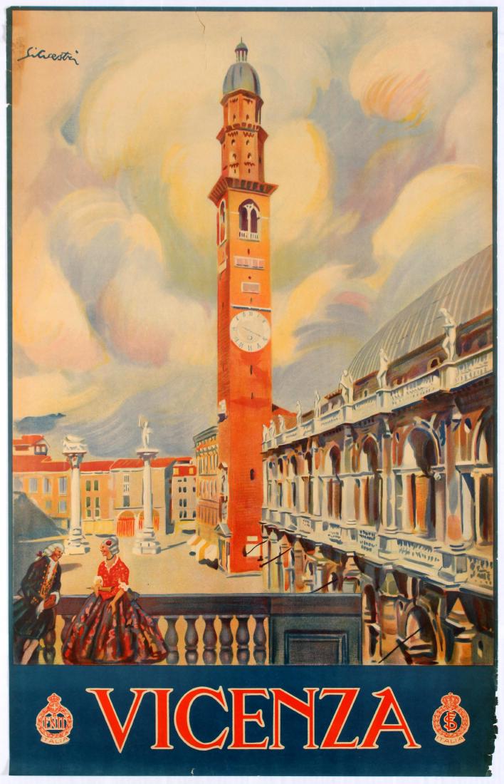 Original Travel Poster Vicenza Italy Veneto: Original vintage travel poster for Vicenza, Italy. Vicenza is a city in the Veneto region of northeast Italy. Itâ€™s known for the elegant buildings designed by the 16th-century architect Andrea 