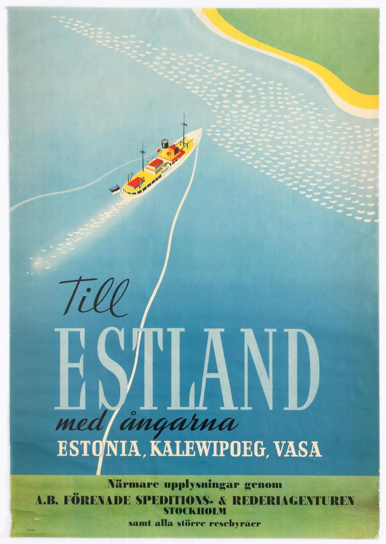 Original Travel Poster Estland Estonia Sweden Ferry: Original vintage travel advertising poster - To Estonia - featuring a colourful ferry boat sailing on clear blue water towards green land with stylised waves and a yellow beach. Printed in Stockholm S