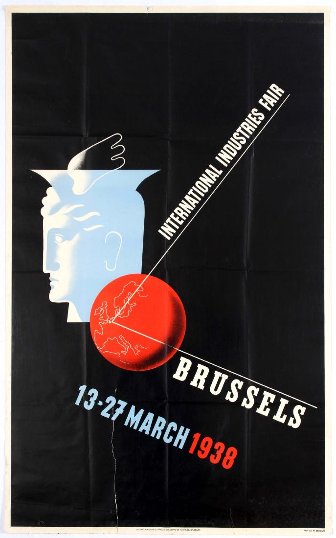 Original Travel Poster Brussels 1938 Fair Art Deco: Original vintage advertising poster for the International Industries Fair in Brussels 1938. Fair condition, large tears, paper losses in margin, foxing, light stans and creases in margin. Country: Bel