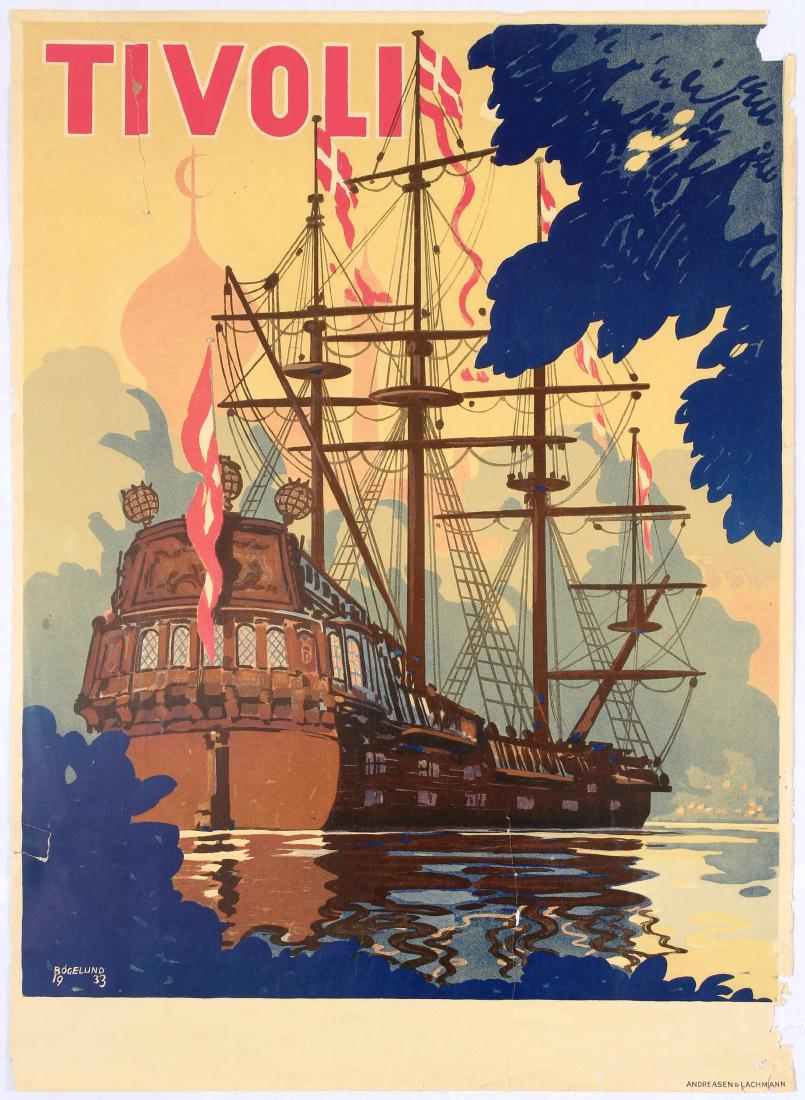 Original Vintage Travel Poster Tivoli Bogelund Denmark: Original vintage travel poster promoting Tivoli. Bogelund's illustration shows a wooden galleon tall ship sailing on the water. Fair condition, tears, paper losses, large tears taped up. Country: Denm