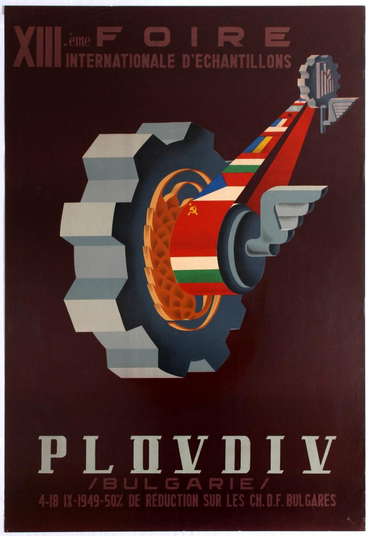 Original Travel Poster Plovdiv Bulgaria Fair Art Deco: Original vintage poster promoting Foire Internationale des Echantillons (International Fair of Samples) in Plovdiv, Bulgaria. Illustration features flags turning on a conveyer belt. Good condition, so