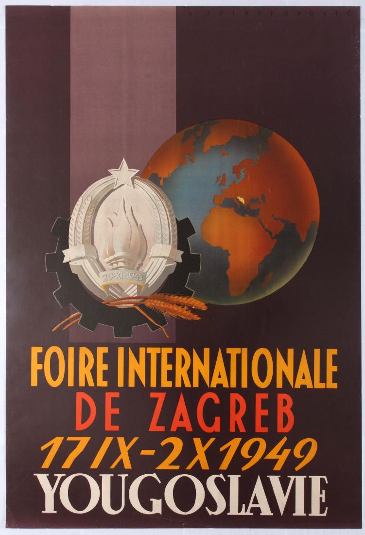 Original Travel Poster Zagreb Croatia Trade Fair: Original vintage poster promoting Foire Internationale de Zagreb in Yugoslavia. Illustration features the earth with Croatia highlighted, as well as a logo for the fair. Good condition, creasing. Coun