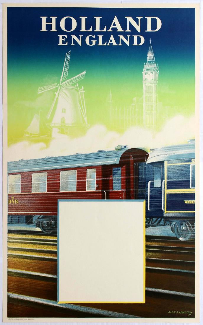 Original Travel Poster Holland England Railway: Original vintage railway poster promoting train travel between Holland and England. Illustration features a train passing in front of a windmill, to represent Holland and Big Ben, to represent England