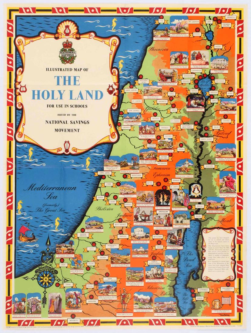 Original Travel Poster Holy Land Israel Palestine: Original vintage poster showing an illustrated map of Holy Land, issued by the National Savings Movement for use in schools. The illustrations are based on Old and New Testament. The National Savings 