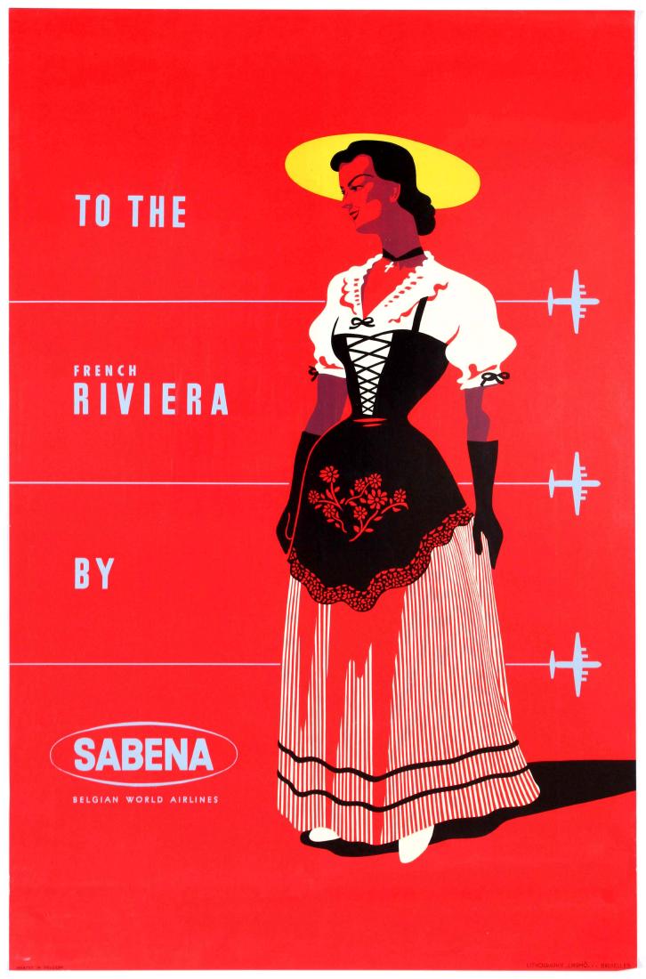 Original Travel Poster Sabena French Riviera Cotes: Original vintage travel advertising poster for Sabena flights to the French Riviera. The SocietÃ© Anonyme Belge d'Exploitation de la Navigation AÃ©rienne, better known internationally by the acron