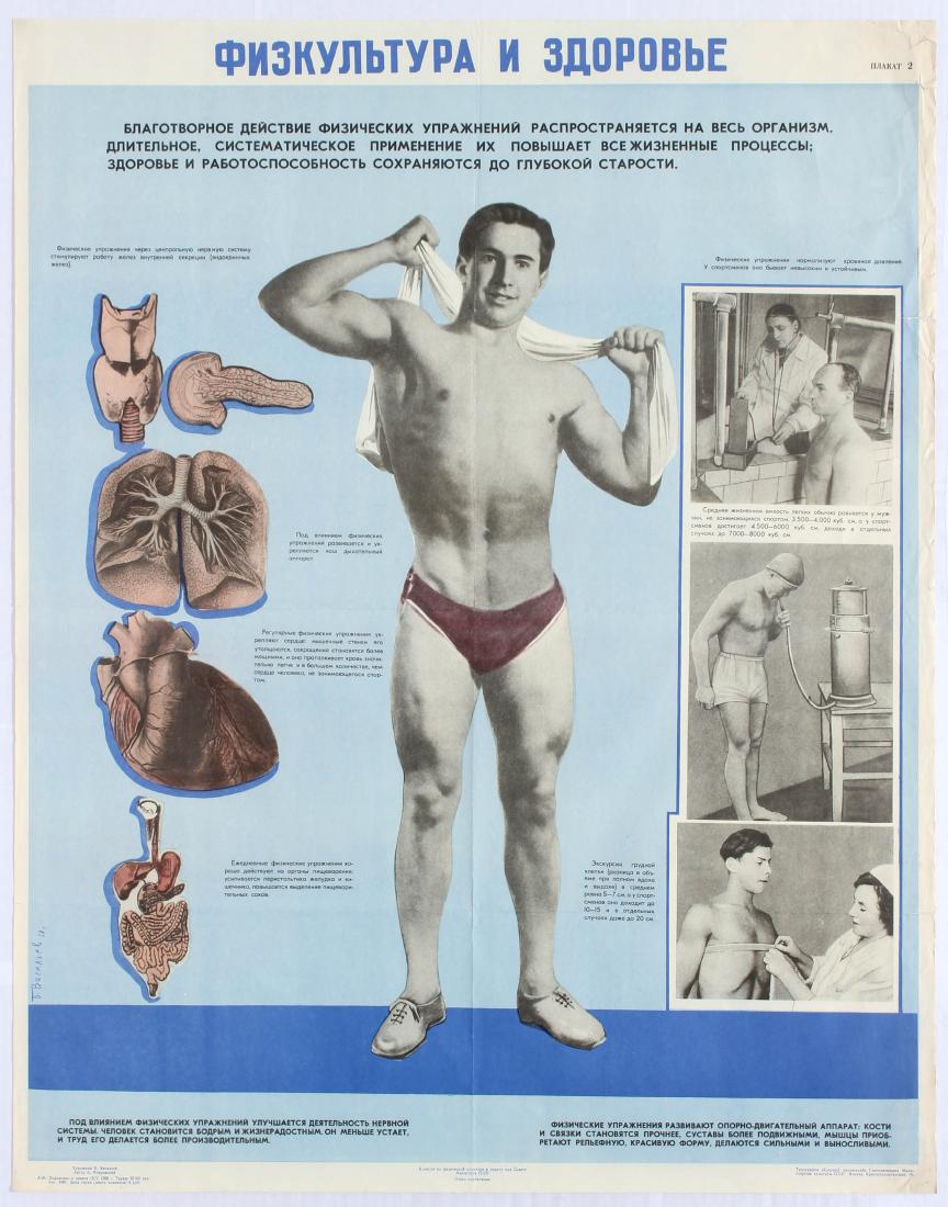 Original Vintage Sport Poster Physical Training Health: Original vintage Soviet propaganda poster featuring black and white photographs of men partaking in physical testing, as well as annotated illustrations of organs. Good condition, fold and tears in ma