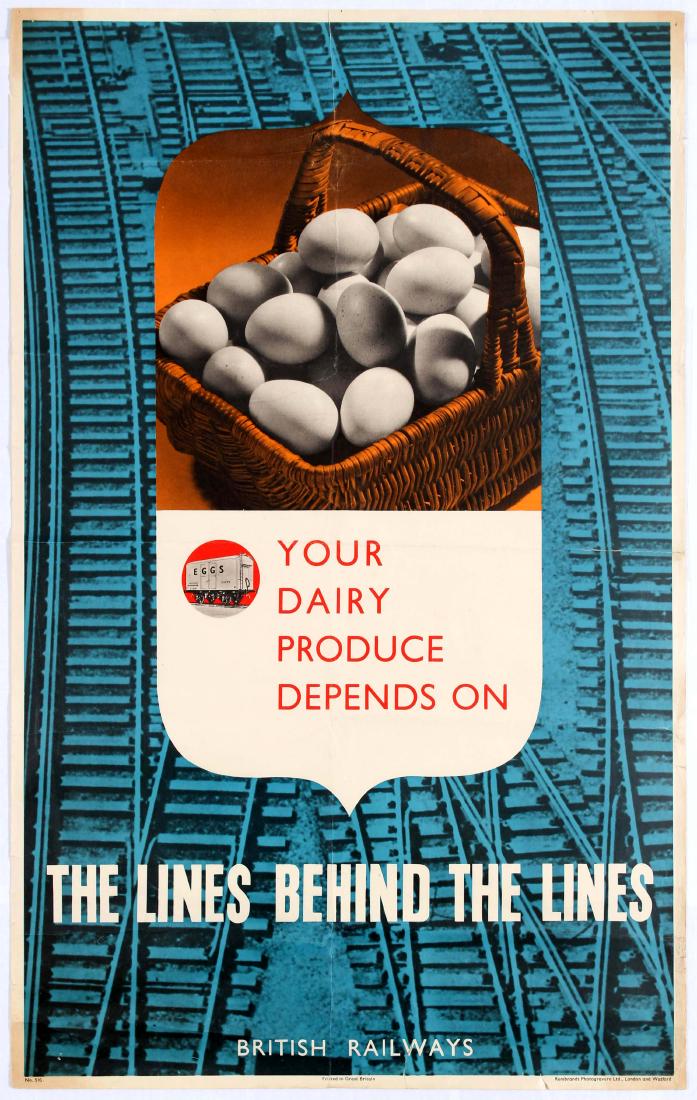 Original Propaganda Poster Eggs Dairy British Railway: Original vintage propaganda poster printed by the British Railways during World War II - Your Dairy Produce Depends on the Lines Behind the Lines. Illustration shows a picture of eggs in a basket on a