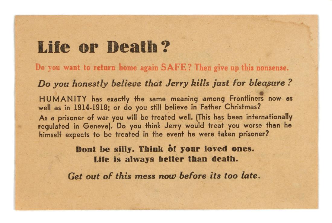 Original War Propaganda WWII Life or Death Nazi Gemany: Original vintage airborne leaflet propaganda flyer issued by the Nazi Germany to be dropped over the British troops, it is titled 'Life or Death?' Flyer encouraging soldiers to surrender to the Geman