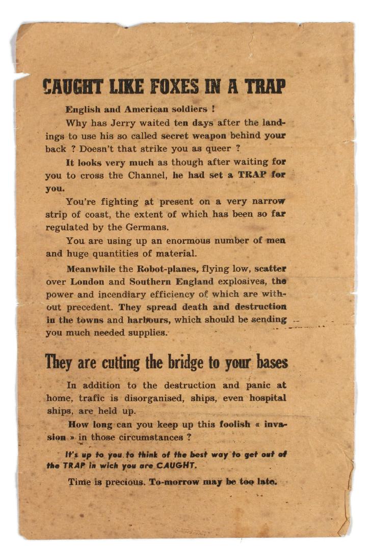 Original War Propaganda WWII Allies Nazi Germany: Original vintage airborne leaflet propaganda flyer issued by the Nazi Germany, entitled Caught Like Foxes in a Trap. Flyer aimed at English and American soldiers as a scare tactic, explaining the blea