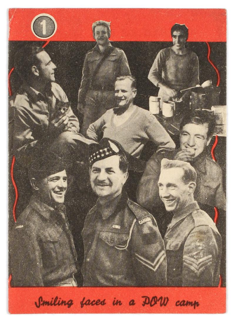 Original War Propaganda WWII Nazi POW Camp Britain: Original vintage airborne leaflet propaganda flyer issued by the Nazi Germany to be dropped on the British troops. Original vintage propaganda flyer titled Smiling Faces in a POW Camp, No1 of a series