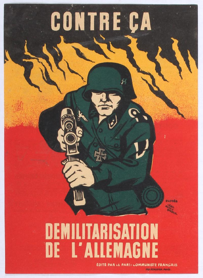 Set of 2 Original Propaganda Leaftets France Communist: Set of two original vintage propaganda poster leaflets issued by the French Communist Party. 1. Original vintage propaganda poster featuring a soldier pointing a gun straight at the viewer. The title 